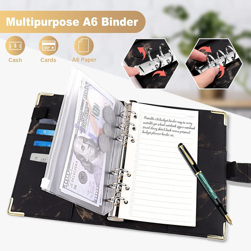 Onlyesh A6 Binder, Marble Budget Binder, Refillable 6 Ring Mini Binder for A6 Filler Paper, Leather Binder Cover with Magnetic Buckle Closure, Bla...