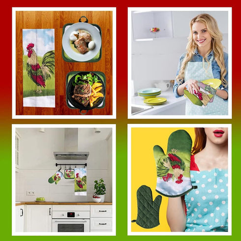 Lobyn Value Packs: 5-Piece Country Kitchen Towel Set – Proud Rooster & Red Barn Motif, 2 Lightweight Terry Cloth Dish Towels Quilted Oven Mitt & 2...