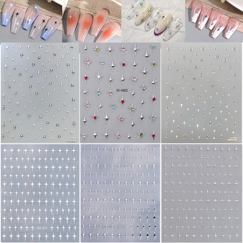Shiny Crystal Star Nail Stickers for Nail Art, 6 Sheets Shiny White Silver Stars Nail Decals 3D Self-Adhesive Star Nail Designs Sticker Nail Tips ...
