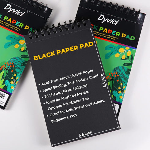 Dyvicl Black Paper Pad 5.5"x8.5" Sketch Book, 35 Sheets (90 lb/150gsm), Spiral Black Sketchbook Drawing Paper for Pencil, Pastel, White Ink Gel Pe...