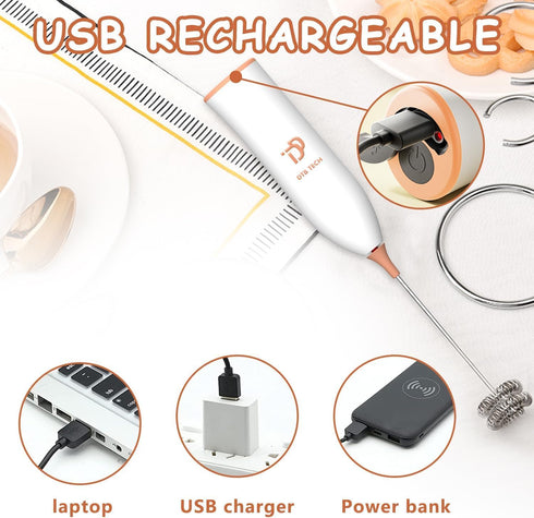 Handheld with Stainless Steel Stand USB-charging Foam Maker, DOUBLE WHISK Mini Blender and Electric Mixer Coffee Frother (Brown)...