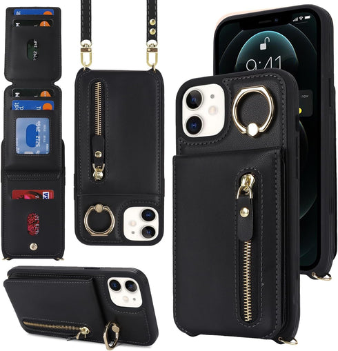 iPhone 12 Case with Card Holder for Women, iPhone 12 pro Phone Case Wallet with Strap Credit Card Slots Crossbody with Kickstand Zipper Case - Bla...