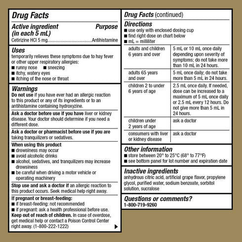 GoodSense Children’s All Day Allergy, Cetirizine Hydrochloride Oral Solution 1 mg/mL, Grape Flavor, 4 Fluid Ounces...