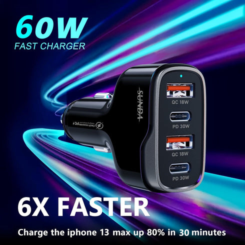 SUNDA 60W USB C Fast Car Charger | 4-Ports Car Charger Adapter | Dual Type C PD30W/PPS30W Compatible with iPhone15/14 Pro/Max/iPhone13/Galaxy/Sams...