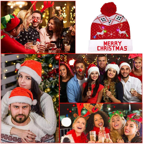 OurWarm LED Christmas Hat Light Up Holiday Hat Cute Reindeer Snowflakes Red Knitted Hat Christmas Beanie with 6 Colorful Lights for Kids Adults Fa...