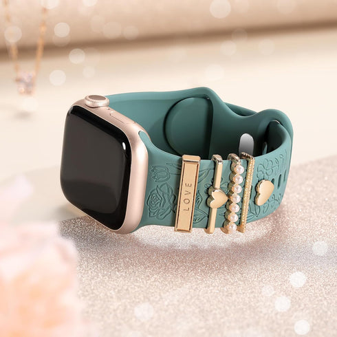 DaQin Flower Engraved Band Compatible with Apple Watch Bands 40mm for Women 38mm 41mm, Soft Silicone Sport Band With Decorative Apple Watch Charms...