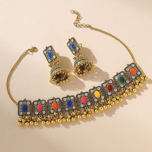 Chargances Indian Jhumka Jhumki Necklace Bollywood Wedding Traditional Bell Beaded Choker Necklace for Women Bridal Halloween (Colorful)...