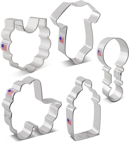 Baby Shower Cookie Cutters 5-Pc. Set Made in the USA by Ann Clark, Onesie, Bib, Rattle, Baby Bottle, Baby Carriage...