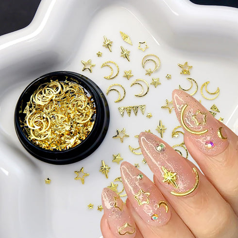 2 Box Gold Star Moon Nail Charms Nails Art Studs 3D Metallic Star Moon Nails Studs Rhinestones Star Nail Jewelry Decoration Supplies Kit for Women...