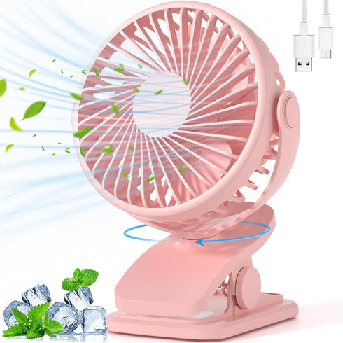 Portable Clip on Fan, 360° Rotate Battery Operated Stroller Fan, 3 Speed Quiet Mini Personal Desk Fan, USB Rechargeable Clooing Fan for Outdoor Ca...