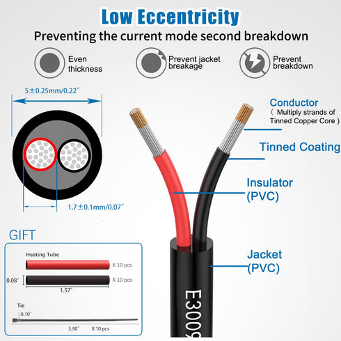 20 awg Wire 20/2 Gauge Electrical Wire 2 Conductor Extension Cable 30 Foot UL2464 DC 5V/12V/24V/300V Oxygen Free Stranded Tinned Copper Wire Low V...