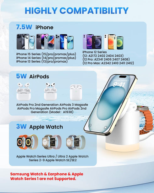 JoyGeek 3-in-1 Charger Stand for Magsafe: Foldable Wireless Charging Station with Night Lights - Magnetic Charger Dock for iPhone 15/14/13/12 Pro/...