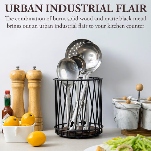 MyGift Modern Wire Utensil Holder, Decorative Matte Black Metal Kitchen Utensils Crock with Rustic Burnt Solid Wood Base, Countertop Round Basket ...