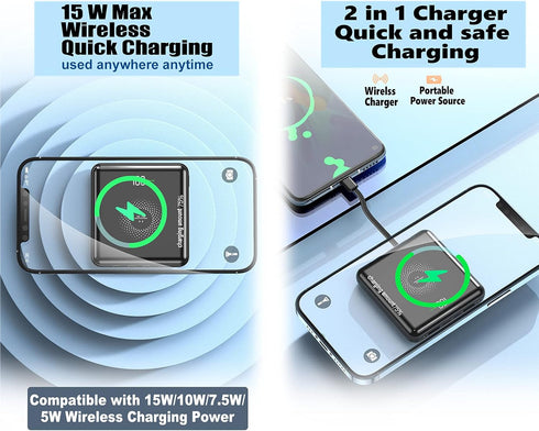 Portable Charger 10000 mAh Power Bank Mini with wireless charging LED Mirror Display Screen Excellent Touch Slim Portable Phone Charger for iPhone...