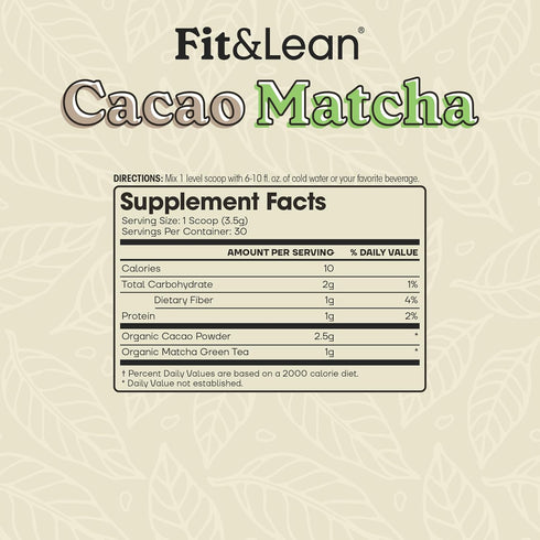 Fit & Lean Cacao Matcha Green Tea Powder, Organic, Japanese Ceremonial Grade, Superfood, Antioxidants, Energy, Mood,105 Grams, 30 Servings...