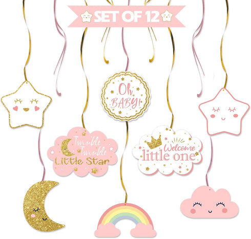 LINGTEER Twinkle Twinkle Little Star Swirls Streamers - Cheers to Baby Shower Birthday Party Hanging Decorations - Girl....