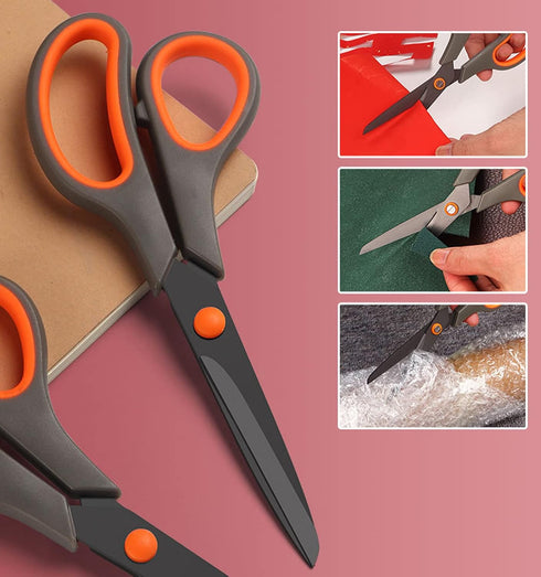2 Pack 8" Titanium Non-Stick Scissors, All-Purpose Professional Stainless Steel Shears Comfort Soft Grip, Straight Office Craft Scissors for DIY S...