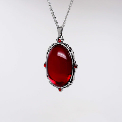 Blood Red Oval Stone In Silver Finish Pewter Frame Pendant Necklace...