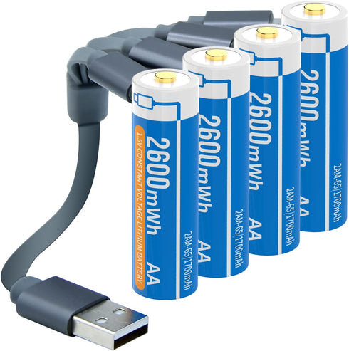 Henreepow 1.5V AA Lithium Rechargeable Batteries, High Capacity 2600mWh(1700mAh) Double A Lithium ion Rechargeable Battery, 1200 Cycles with 4 in ...