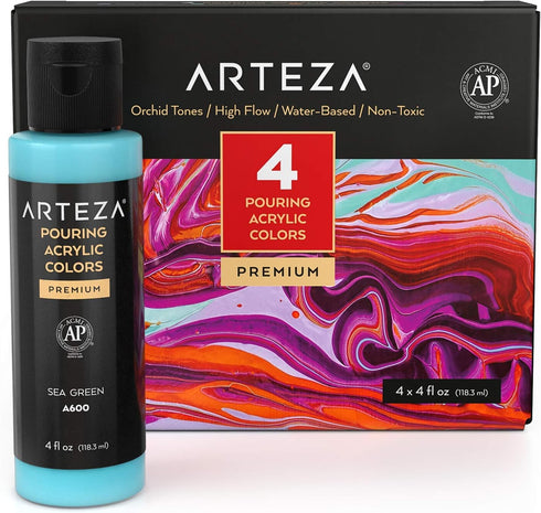 ARTEZA Acrylic Pouring Paint Set, 4 Orchid Colors, 4 oz Bottles, High-Flow Paint, No Mixing Needed, Art Supplies for Canvas, Glass, Paper, Wood, T...