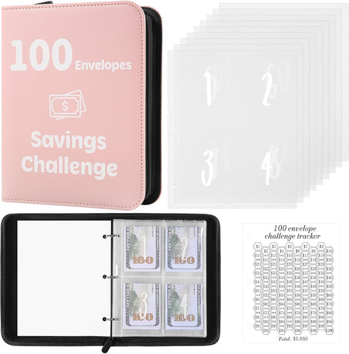 100 Envelopes Money Saving Challenge Binder with Laminated Tracker, Money Saving Challenge Budget Binder with Cash Envelopes, Savings Challenge Bo...