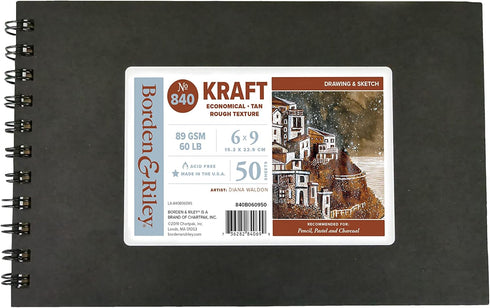 Borden & Riley 6" x 9" #840B Kraft Paper Hardcover Sketch Book, Side Spiral, 60 lb., 50 White Sheets, 1 Book Each...