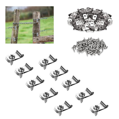Wire Fence Clips-100 Pcs Fence Wire Clamps with 100Pcs Screws Stainless Steel Agricultural Fencing Mounting Clips Fit 12-16 Gauge Welded Wire to W...