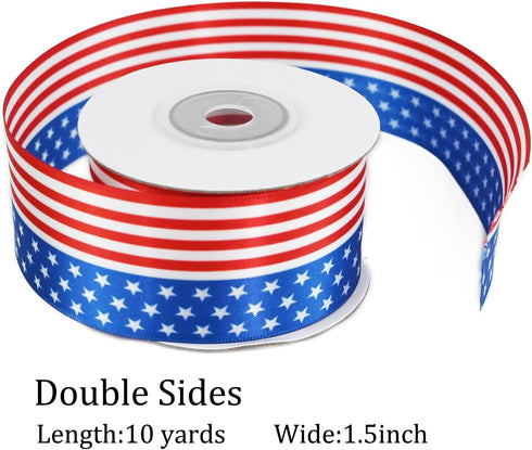 American Flag Ribbon, 1.5 Inches Wide x 10 Yards Long, Red, White and Blue Stripes with Stars for Crafts and Decorations...
