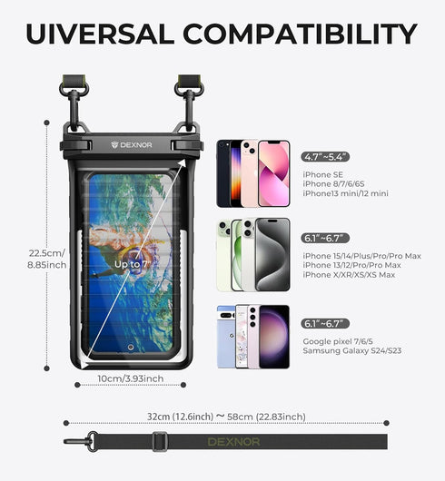 Dexnor IP68 Waterproof Phone Pouch, Universal 3D Cellphone Dry Bag Case with Adjustable Double-hook Lanyard for iPhone 15 14 13 12 Pro Max XS Plus...