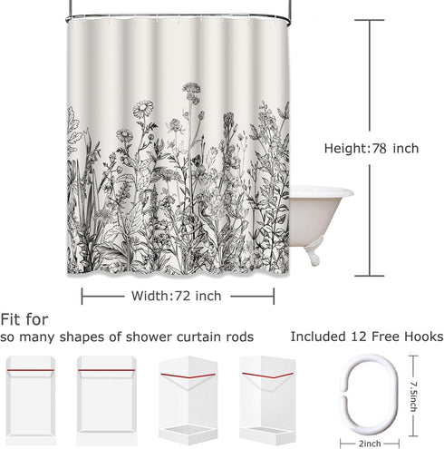 Emvency Shower Curtain Floral Border Herbs and Wild Flowers Botanical Vintage Engraving Light Grey Background Black Waterproof Polyester Fabric 72...