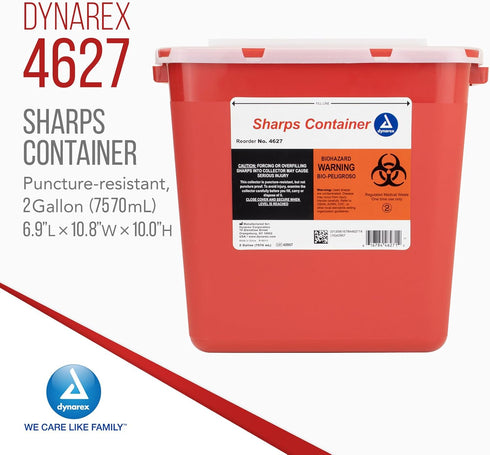 Dynarex Sharps Container, Provides a Safe Disposal of Medical Waste and Needles, Non-Sterile & Latex-Free, 2 Gallons, Made with Thermoplastic, Red...
