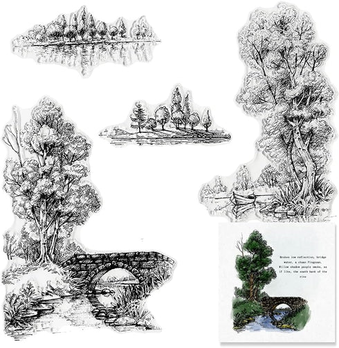 Tree Bridge River Scenery Clear Stamps for Card Making and Photo Album Decorations, Tree Lake Landscape Transparent Rubber Stamps Seal for DIY Scr...