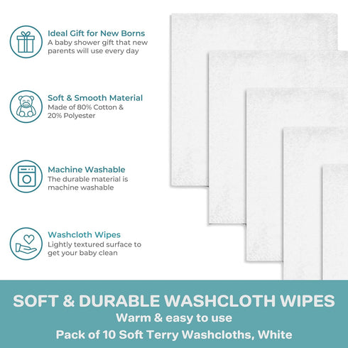 Spasilk Washcloth Wipes Set for Newborn Boys and Girls, Soft Terry Washcloth Set, Pack of 10, White, (010-WTE)...