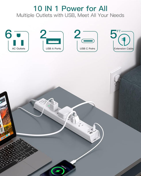 Power Strip Surge Protector with USB C - Flat Plug Extension Cord with 6 AC Outlets 4 USB (2 USB C), Wall Mount, 5ft, 900 J, Multi Plug Outlet Ext...