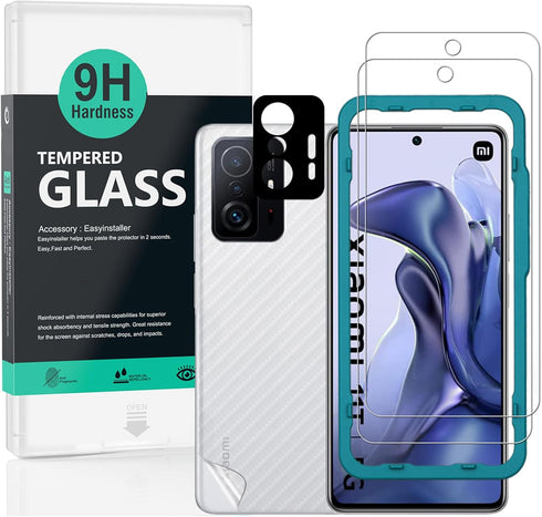 Ibywind Screen Protector For Xiaomi 11T/11T Pro(5G),with 2Pcs Tempered Glass,1Pc Camera Lens Protector,1Pc Backing Carbon Fiber Film [Fingerprint ...