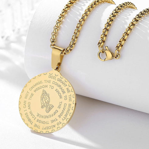 Serenity Prayer Necklace with Praying Hands Coin Pendant for Men Women Lords Prayer Bible Verse Courage Wisdom Stainless Steel 24 inches...