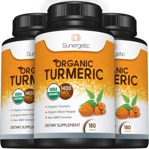 Sunergetic USDA Certified Organic Turmeric Supplement – Includes Organic Turmeric & Organic Black Pepper – 1,400mg of Turmeric per Serving - 180 C...