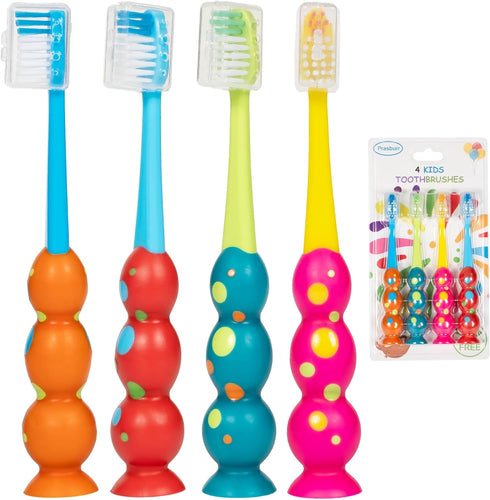 Kids Toothbrush 4 Pack - Soft Bristles with Suction Cup for Easy Storage, Toddler Toothbrush Children Sized Brush Head, Girl & Boy Set...