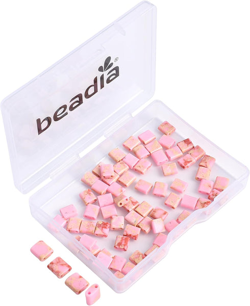 Pink Imperial Jasper Stone Tila Beads 5x5mm Square 2-Hole Spacer Beads for DIY Bracelet Earring Making 15"/Strand...