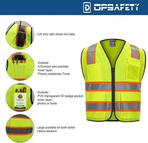9 Pockets High visibility Class 2 Safety Vest?Hi Vis Vest with 2 inch wide Reflective Strips security vest with Zipper construction work vest for ...