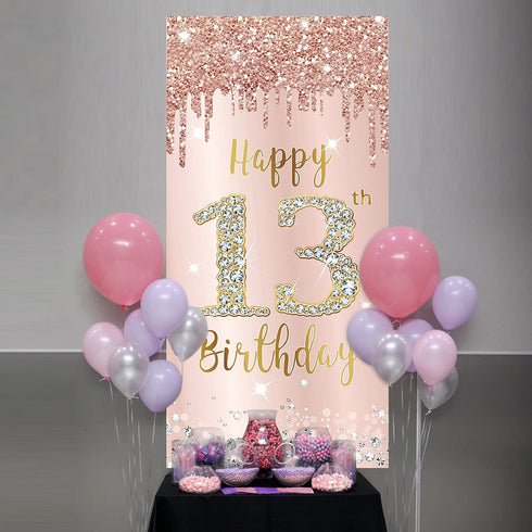 Happy 13th Birthday Door Banner Backdrop Decorations for Girls, Pink Rose Gold 13 Birthday Party Door Cover Sign Supplies, Thirteenth Year Old Bir...