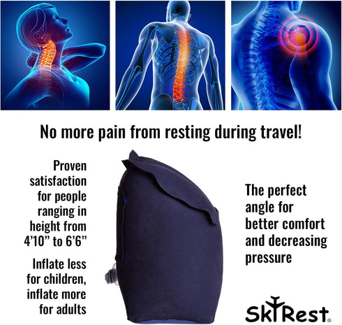 SkyRest® Inflatable Head Neck Rest Travel Pillow - Portable Patented Design Napping Pillows for Airplanes Buses Cars Office Trains Outdoor Camping...