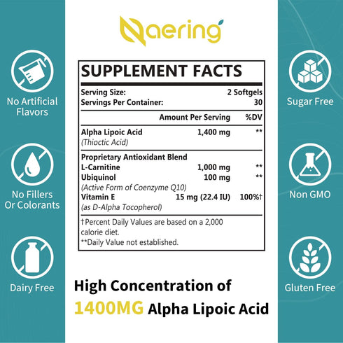 Liposomal Alpha Lipoic Acid 1400mg Softgels, ALA Supplement with L-Carnitine 1000mg, Ubiquinol (Active CoQ10) 100mg and Vitamin E 10mg,Alpha-Lipoi...