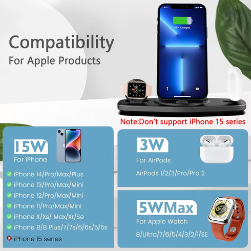 Charger Station for iPhone Multiple Devices, Foldable 3 in 1 Fast Charging Dock Stand for iPhone 14 13 12 11 Pro X Max XS 8 7,Compatible with Appl...