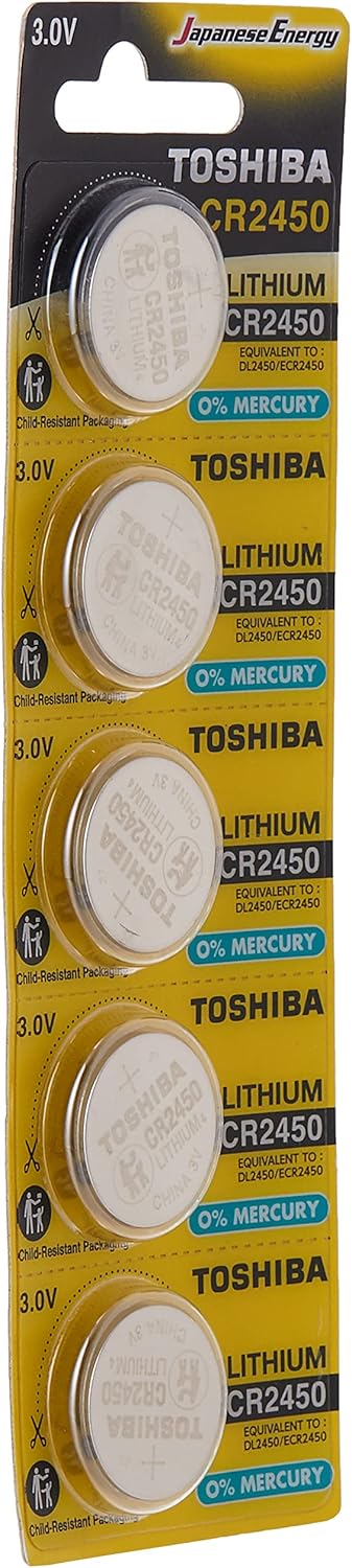 TOSHIBA CR2450 3V Lithium Coin Cell Battery 5 Batteries in Strip Child-Resistant Packaging...