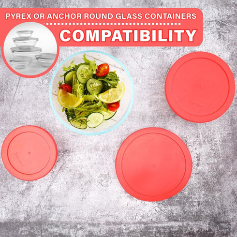 CIBI Food Storage Container Lids (2 Cups, Red - 6PK) For Pyrex and Anchor Round Glass Containers, Dishwasher and Microwave Safe Replacement Lids...