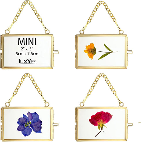 JUXYES Set of 4 Mini Brass Wall Hanging Photo Frame, Glass Hanging Picture Artwork Display Frame, Double Glass Floating Frame Style Gallery Wall F...