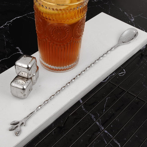 AnSaw Silver 12-Inch Stainless Steel Cocktail Spoon with Leaf Handle - Perfect for Mixing & Layering Drinks in Tall Cups, Bar & Shakers - Durable ...