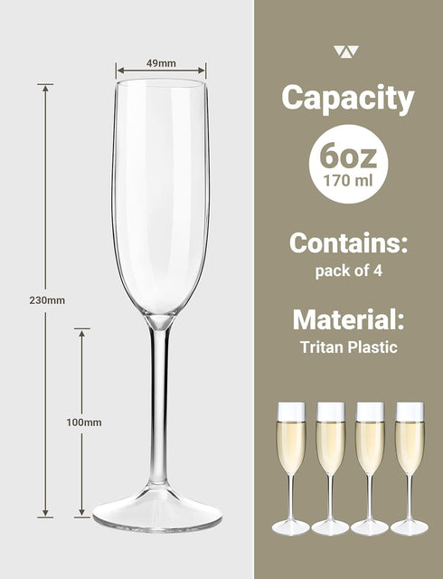 MICHLEY Tritan Champagne Flutes Glassware 6 oz, Set of 4 Unbreakable Plastic Wine Glasses, Crystal Clear, Dishwasher-safe...