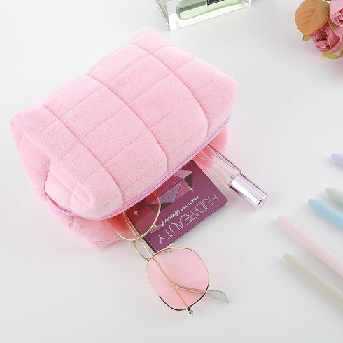 Sibba Makeup Bag Small Zippered Toiletry Organizer Make Up Travel Traveling Cosmetic Storage Case Skincare Cute Fluffy Polyester Purse Brush Set P...
